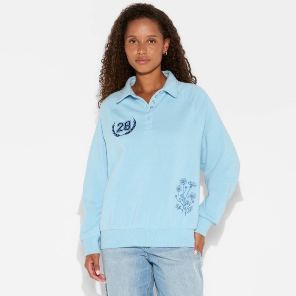 Zoe + Liv Light Blue Embroidered NYC Flower Market Collar Graphic Sweatshirt NWT